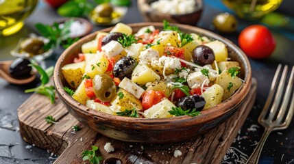 Greek potato salad with feta and olives in a stylish bowl on a wooden board