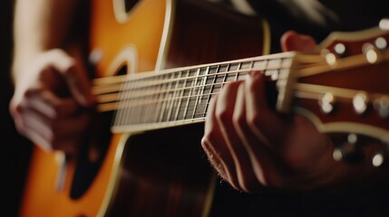 Obraz premium Closeup of a Guitarist's Hands Playing an Acoustic Guitar