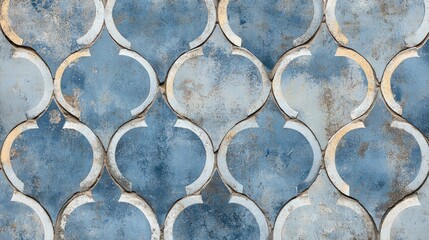 Vintage blue gray arabesque tile pattern featuring worn geometric circles creating a shabby ornate texture for a cement wall backdrop or panorama