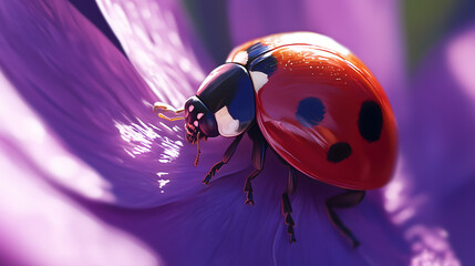 Ladybug on a purple flower, photorealistic image, Summer Sun