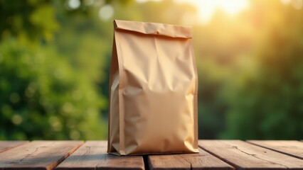 Modern coffee bag mockup with a realistic design, including detailed creases and folds. The product is displayed on a rustic wooden background with soft, warm lighting and a subtle bokeh effect.