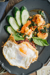 High angle view of thai food in plate on table