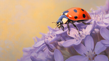 Ladybug on a purple flower, photorealistic image, Summer Sun