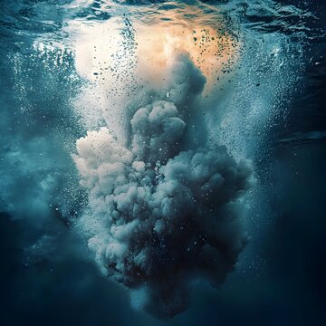 Powerful underwater bomb explosion erupting with gushing water plumes and bubbles