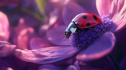 Ladybug on a purple flower, photorealistic image, Summer Sun