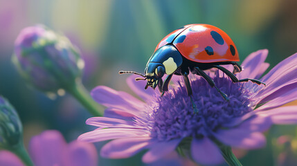 Ladybug on a purple flower, photorealistic image, Summer Sun