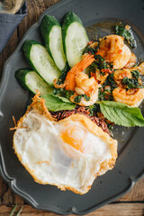 High angle view of thai food in plate on table