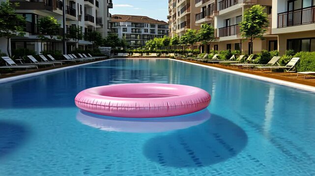 A pink inflatable ring floats in a calm pool on a sunny day