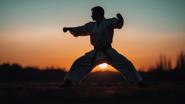 Silhouette of a martial artist practicing karate with a black belt outdoors during sunset, showing strong posture and focus.