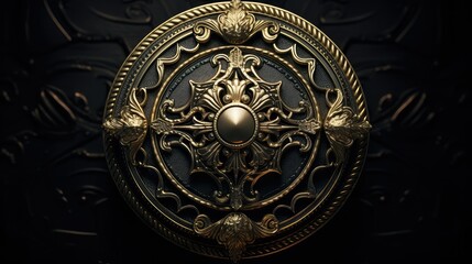 intricate black and gold badge