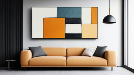 Modern living room with orange sofa, abstract geometric wall art, black pendant lamp, and cushions in a minimalist setting with a large glass window.