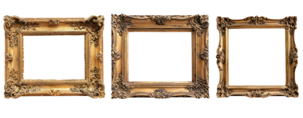 set of three wood gold Brass Copper vintage frame old retro picture isolated on transparent background