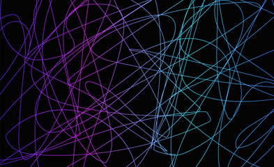 A collection of colorful doodle lines arranged in an abstract design on a solid black background, showcasing a creative concept. Vector illustration