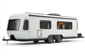A modern, white, compact travel trailer with a black awning and wheels, parked on a white background