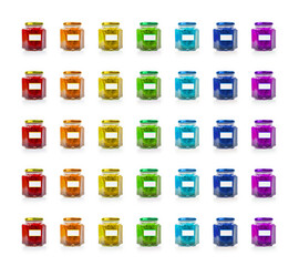 Grid of 35 colorful glass jars with blank labels, perfect for showcasing product variety and creative branding. Organized display of thirty five rainbow colored jars. Isolated on white background