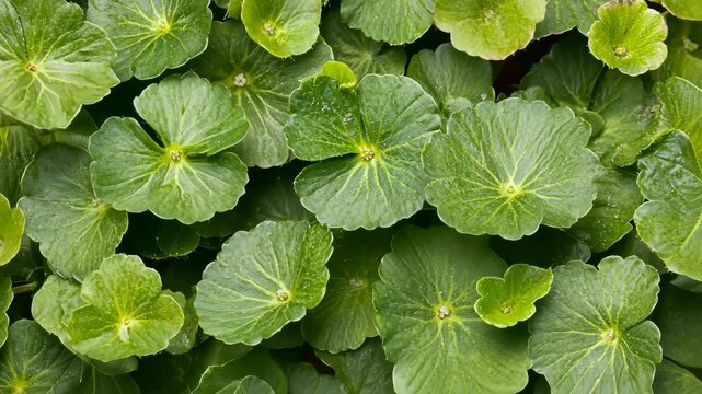 A close-up view of lush green pennywort leaves, glistening with morning dew