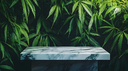 Close up of lush green cannabis or marijuana leaves arranged on a gray marble surface in a studio setting with a dark background  Concept of organic natural and herbal plants