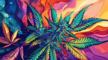 Visual depiction of cannabis in a vibrant psychedelic style reminiscent of the 1970s focusing on legal and medicinal aspects