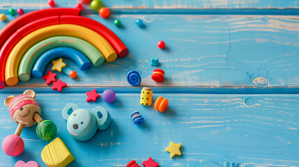 Obraz premium Rainbow kids' toys on a blue background.
