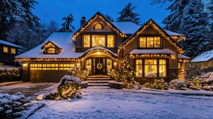 Cozy Snowy House with Holiday Lights at Dusk