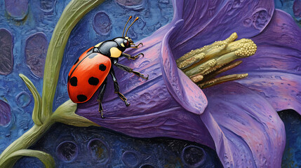 Ladybug on purple bellflower, close-up painted