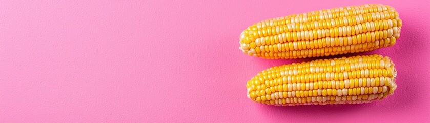 Two Fresh Yellow Corn on the Cob on Pink Background