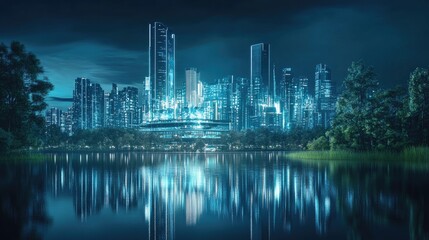 Fototapeta premium Futuristic data lakehouse concept featuring a holographic cityscape on a tranquil lake showcasing advanced data integration and innovation