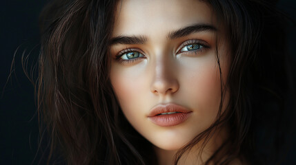 Naklejka premium A stunning portrait of a caucasian woman with striking blue eyes, accentuated by soft natural lighting, capturing a serene expression and flawless beauty in a contemporary style.