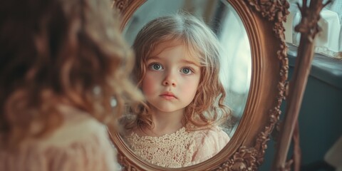 Little Girl Examining Her Reflection