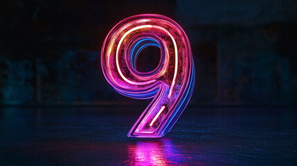 A striking neon number nine shines intensely in purple hues, emitting an electric vibe that embodies mystery and innovation in a sleek, modern style.