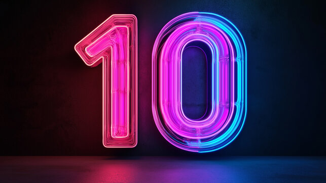 A bright and colorful neon number ten in vibrant pink and blue hues, glowing prominently against a dark background, creating a striking visual contrast and modern appeal.