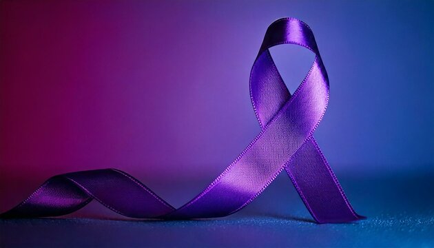 A purple ribbon set against a purple gradient background, symbolizing epilepsy and pancreatic cancer awareness