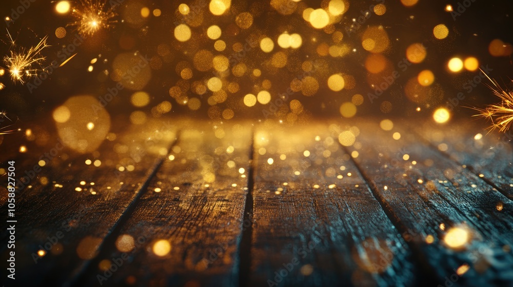Poster golden sparklers and fireworks create a bokeh effect on a rustic wooden surface offering a panoramic