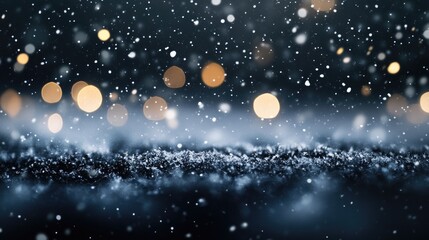 Naklejka premium Elegant snowy night backdrop showcasing a delicate black texture with falling snowflakes bokeh lights and a subtle blizzard effect ideal for capturing a cozy winter ambiance