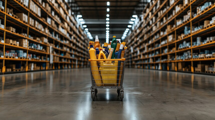 Shopping cart filled with various colorful cleaning products in a large warehouse with tall shelves stacked with boxes and products.