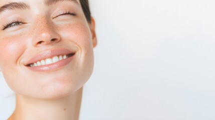 Young woman with natural freckles and glowing skin smiling with closed eyes on white background, skincare and natural beauty concept