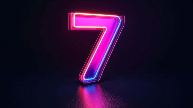 A captivating neon number seven glowing in an array of vibrant blue and pink hues against a dark background, representing luck, creativity, and futuristic themes.