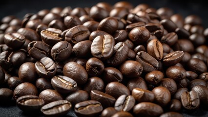 Close-up view of rich, dark roasted coffee beans, highlighting their glossy surface and unique texture. Perfect for coffee enthusiasts and branding