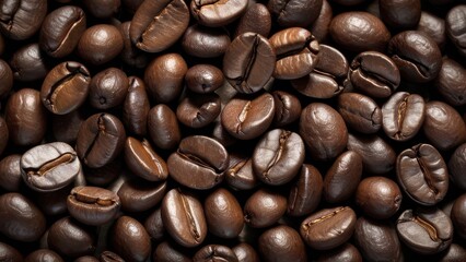 Close-up view of rich, dark roasted coffee beans, highlighting their glossy surface and unique texture. Perfect for coffee enthusiasts and branding