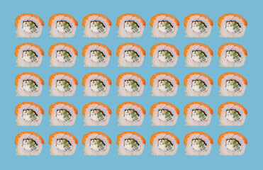 Colorful sushi rolls in repetitive pattern