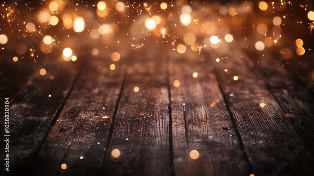 Poster golden sparklers and fireworks create a bokeh effect on a rustic wooden surface offering a panoramic