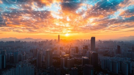 Fototapeta premium Aerial panorama showcasing a city skyline with a network connection theme during a sunrise