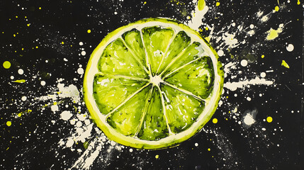 Lime green ink on black paper, white glitter sprinkled around the lemon slice