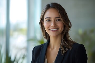 Smiling Businesswoman in Black Blazer, Determined and Friendly