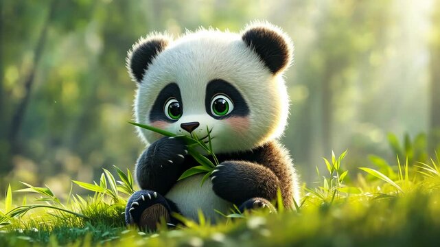 A cute panda cub sitting on grass, munching on bamboo in a serene, sunlit environment.