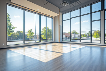 Modern empty room with large windows facing the street during the day