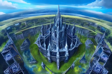 ゲーム背景　空から見た古代遺跡のお城と街	
