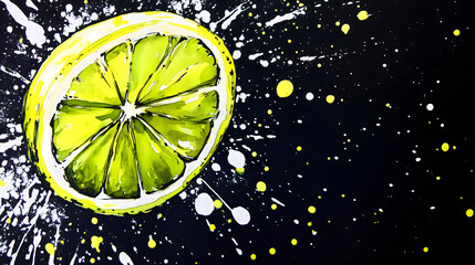 Lime green ink on black paper, white glitter sprinkled around the lemon slice