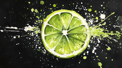 Lime green ink on black paper, white glitter sprinkled around the lemon slice