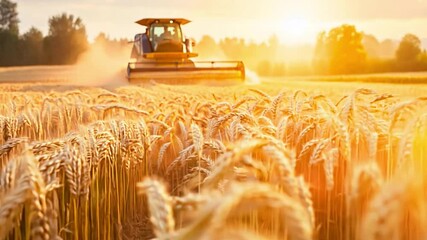 Golden wheat fields at sunset with a combine harvester in action during harvest season